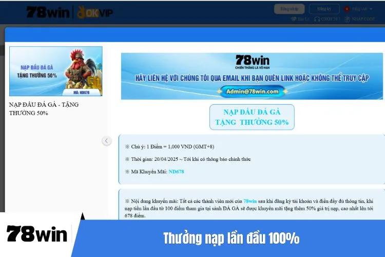 Thưởng nạp lần đầu 100%