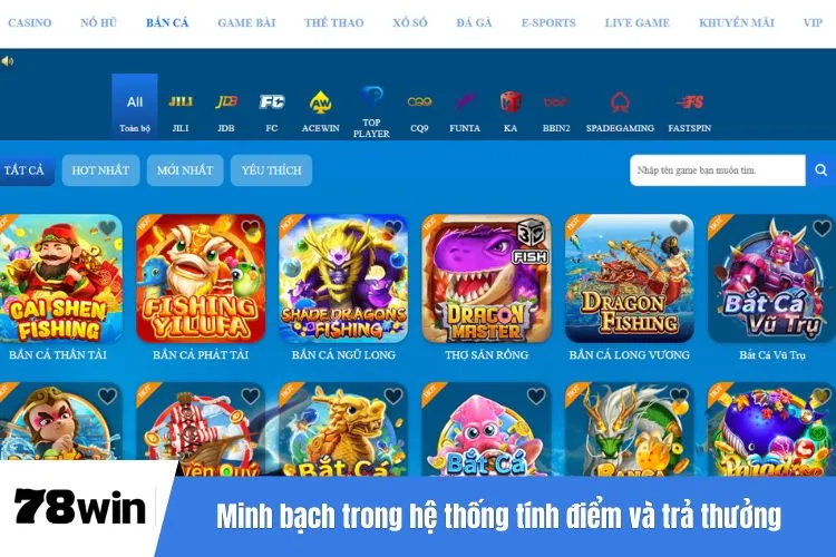 Minh bạch trong hệ thống tính điểm và trả thưởng tại bắn cá 78WIN